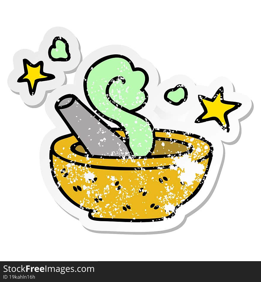 distressed sticker of a quirky hand drawn cartoon magic pestle and mortar