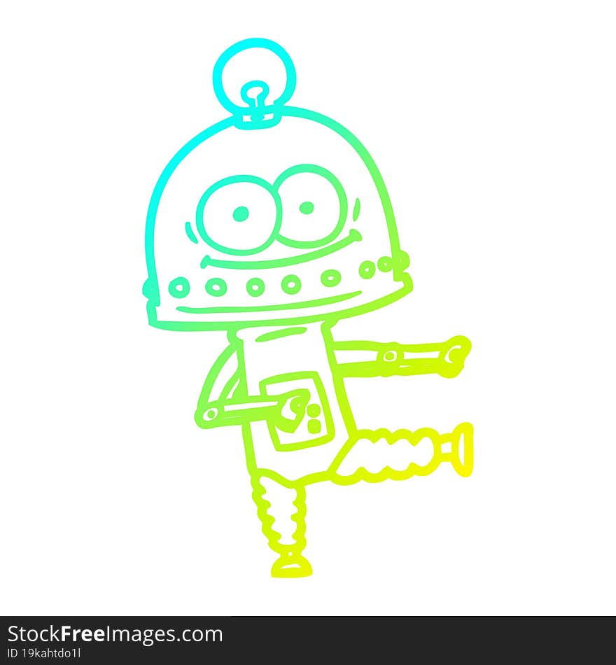 cold gradient line drawing happy carton robot with light bulb