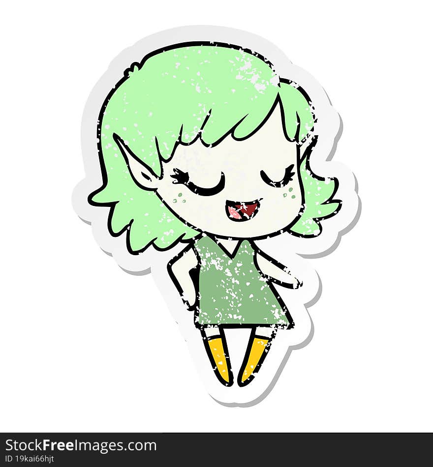 distressed sticker of a happy cartoon elf girl