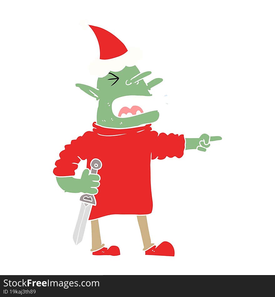 Flat Color Illustration Of A Goblin With Knife Wearing Santa Hat