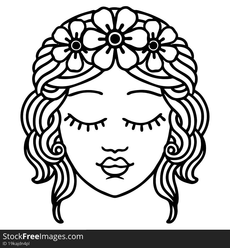 black line tattoo of female face with eyes closed