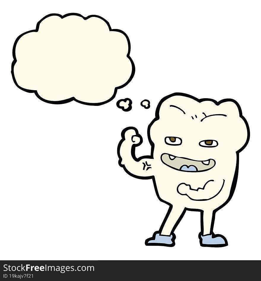 cartoon strong healthy tooth with thought bubble