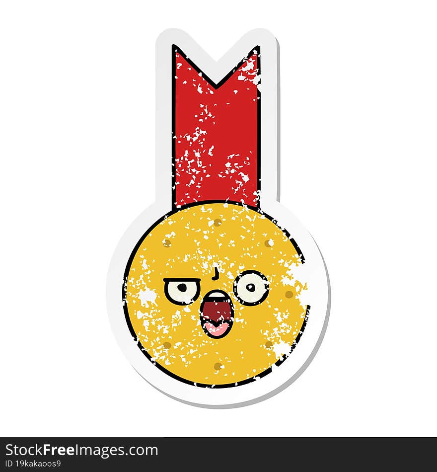 Distressed Sticker Of A Cute Cartoon Gold Medal