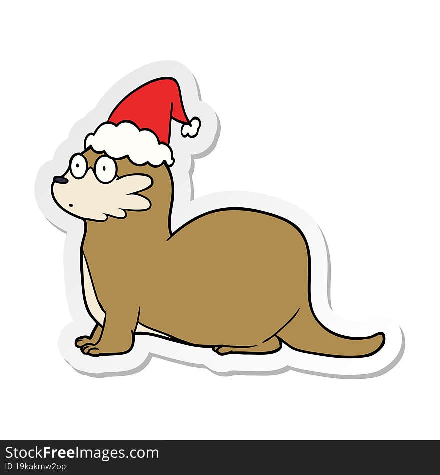 sticker cartoon of a otter wearing santa hat