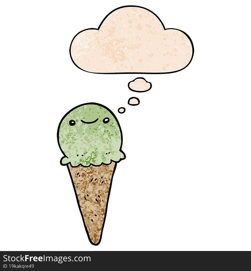 cartoon ice cream with thought bubble in grunge texture style. cartoon ice cream with thought bubble in grunge texture style