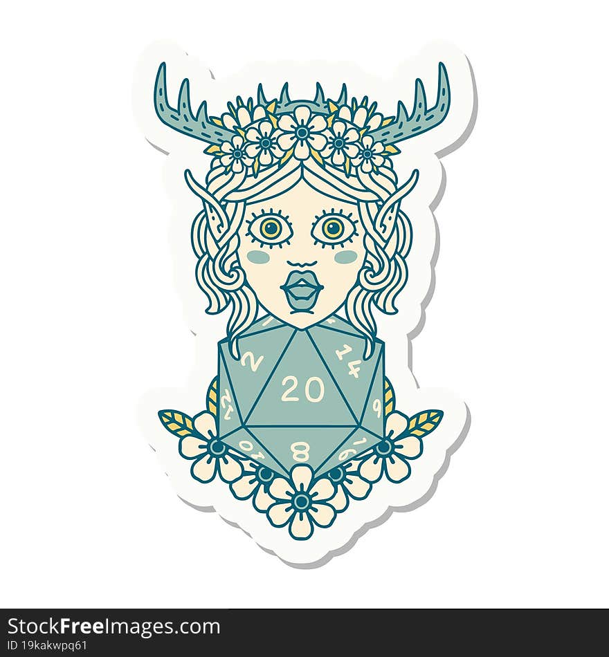 elf druid character with nautral twenty dice roll sticker