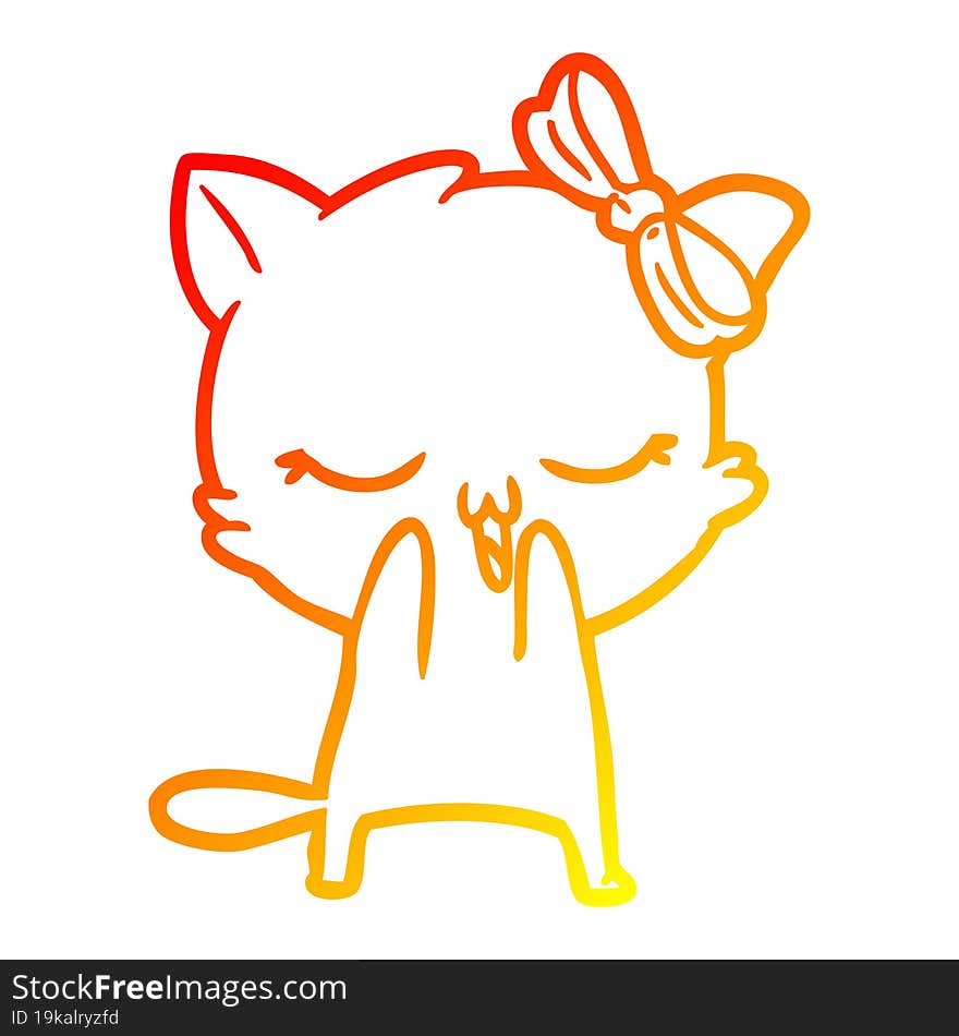 warm gradient line drawing of a cartoon cat with bow on head