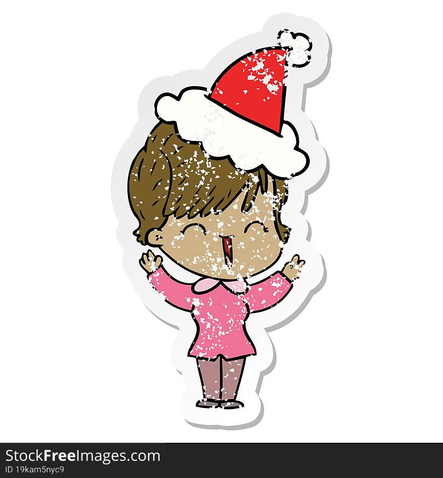 hand drawn distressed sticker cartoon of a laughing woman wearing santa hat