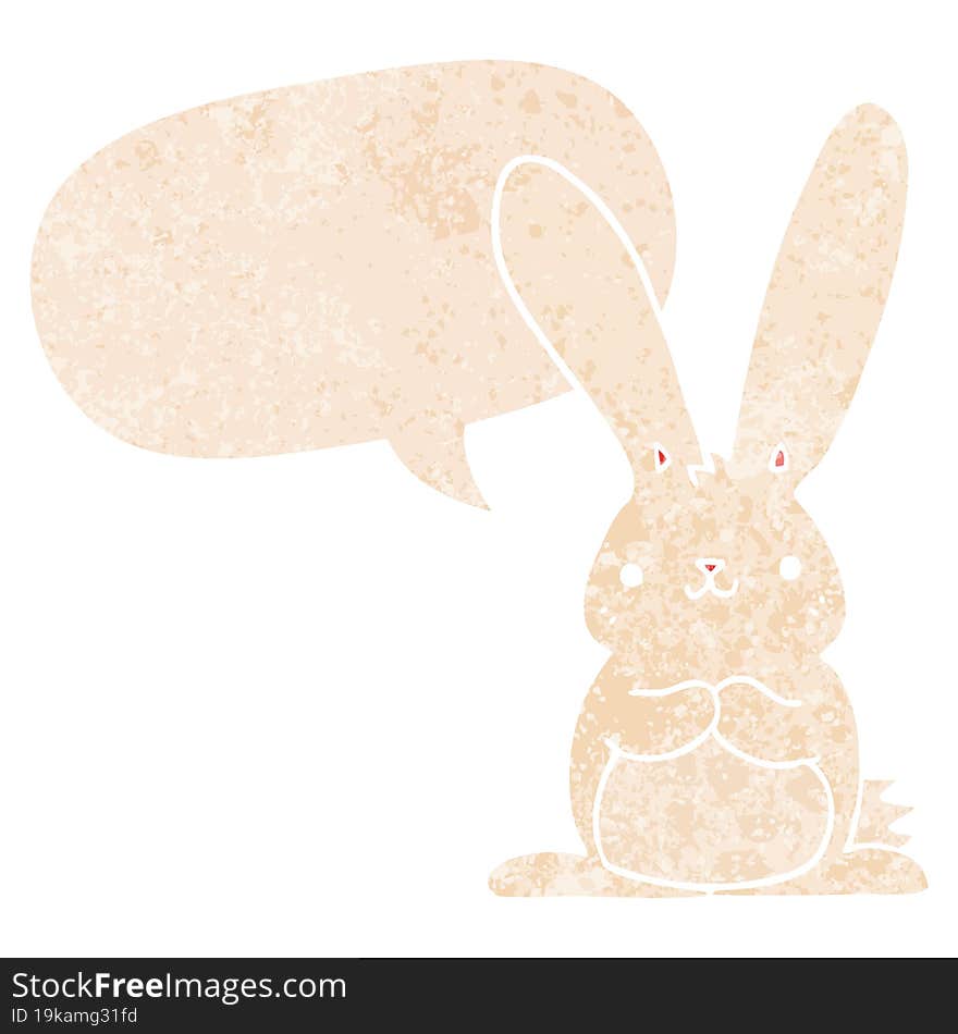 cartoon rabbit with speech bubble in grunge distressed retro textured style. cartoon rabbit with speech bubble in grunge distressed retro textured style