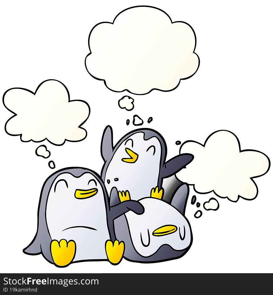 cartoon penguins and thought bubble in smooth gradient style