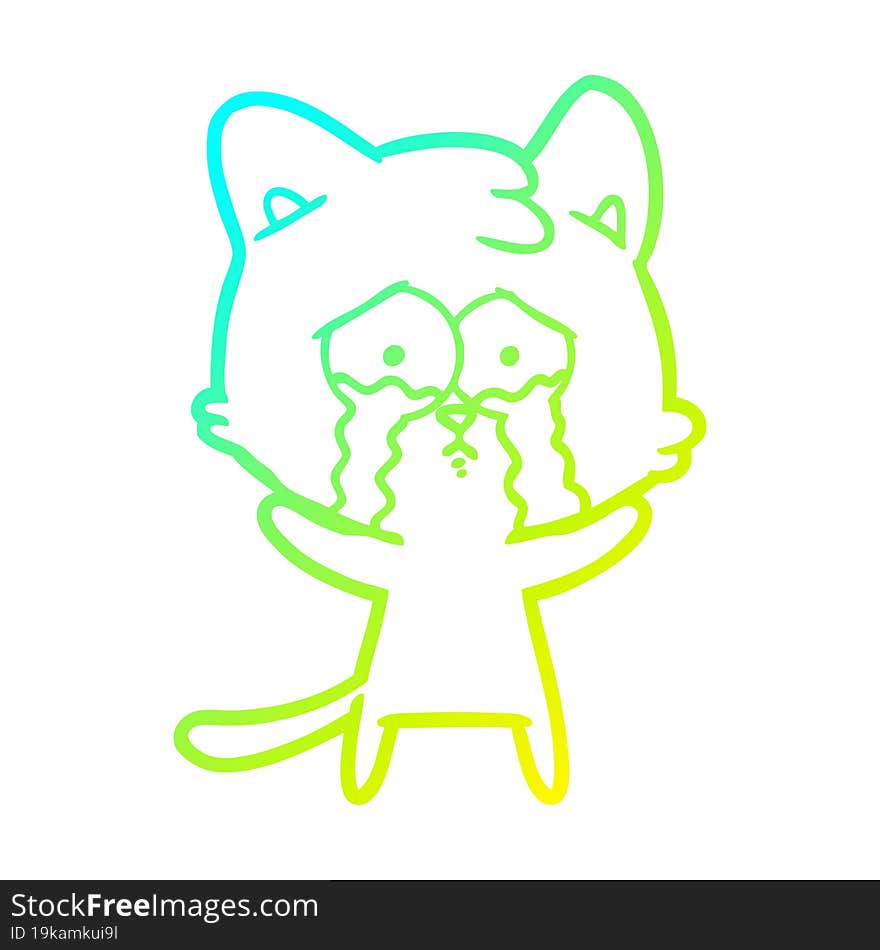 Cold Gradient Line Drawing Cartoon Crying Cat