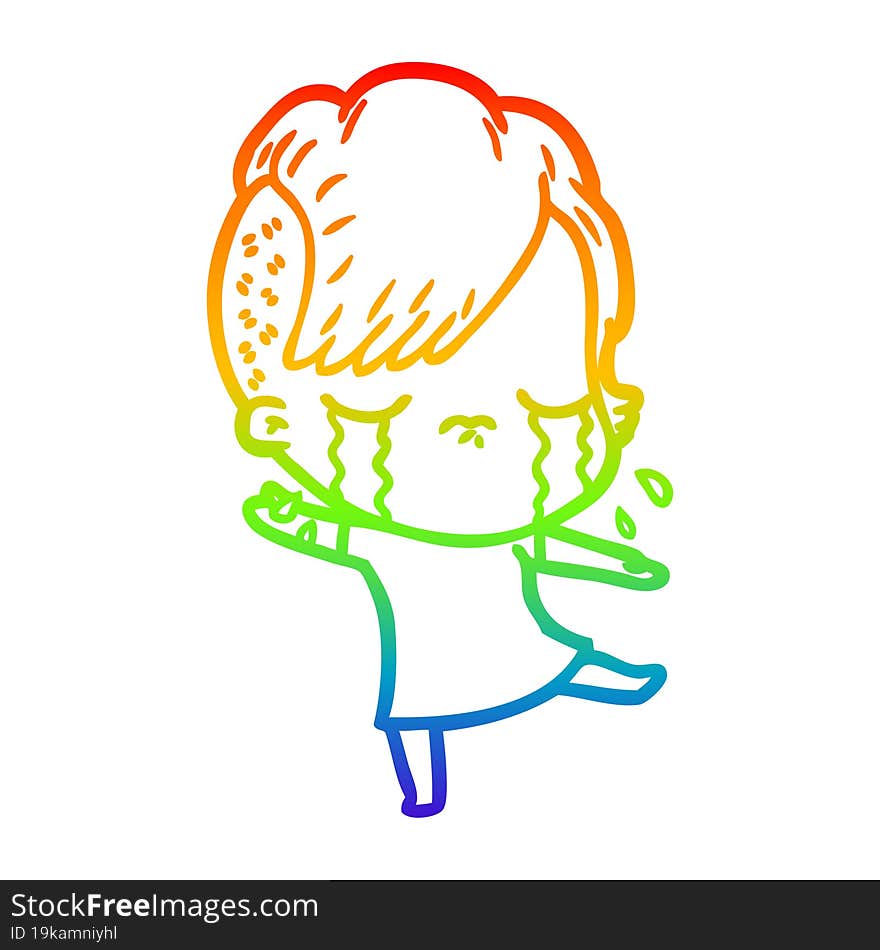 rainbow gradient line drawing of a cartoon crying girl