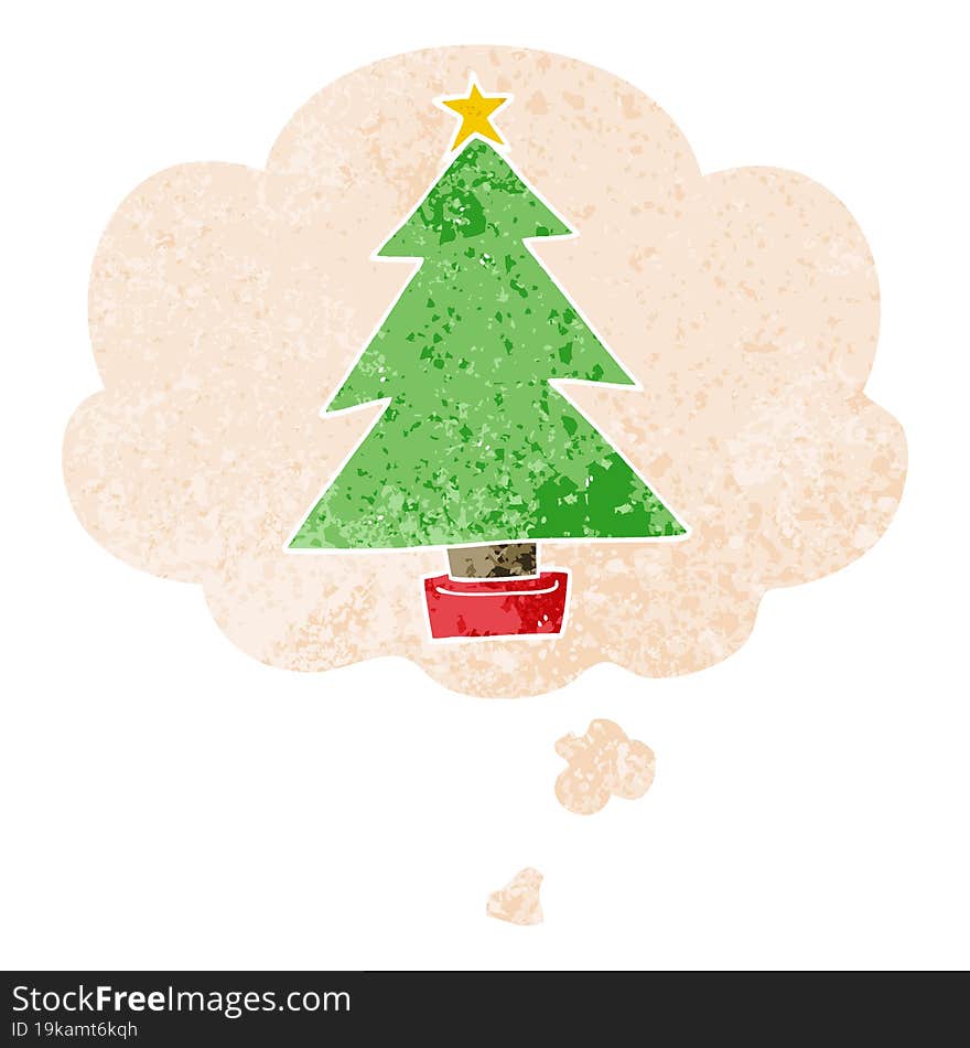 Cartoon Christmas Tree And Thought Bubble In Retro Textured Style