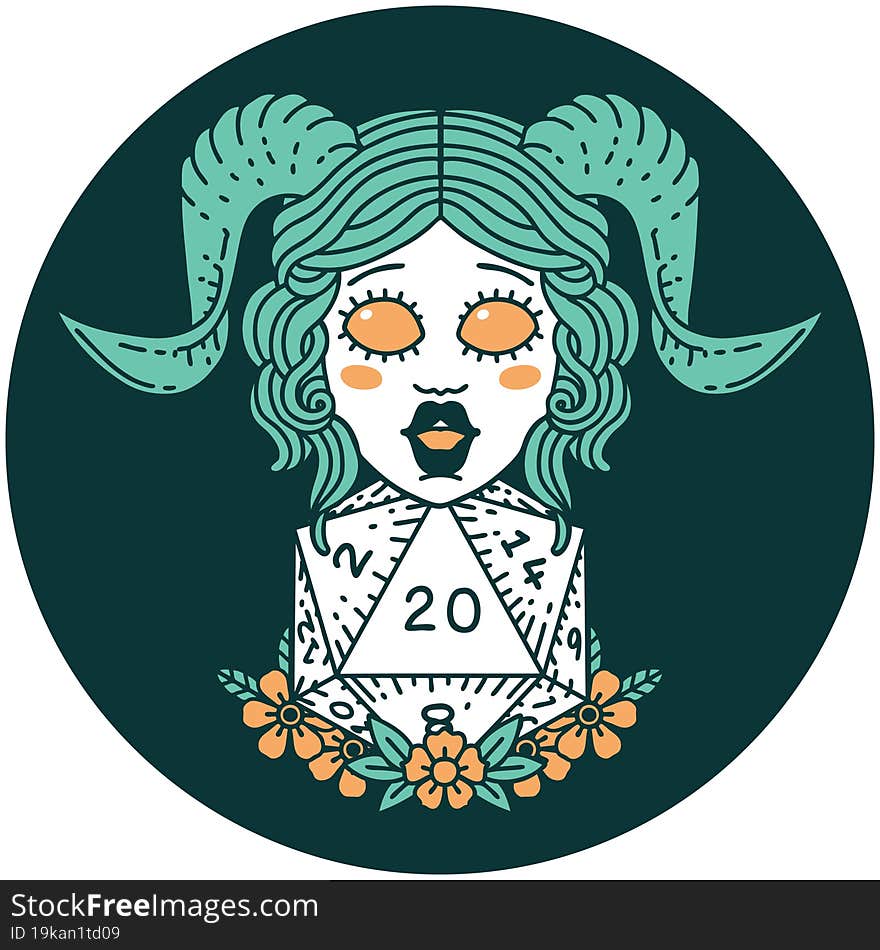 icon of tiefling with natural twenty dice roll. icon of tiefling with natural twenty dice roll