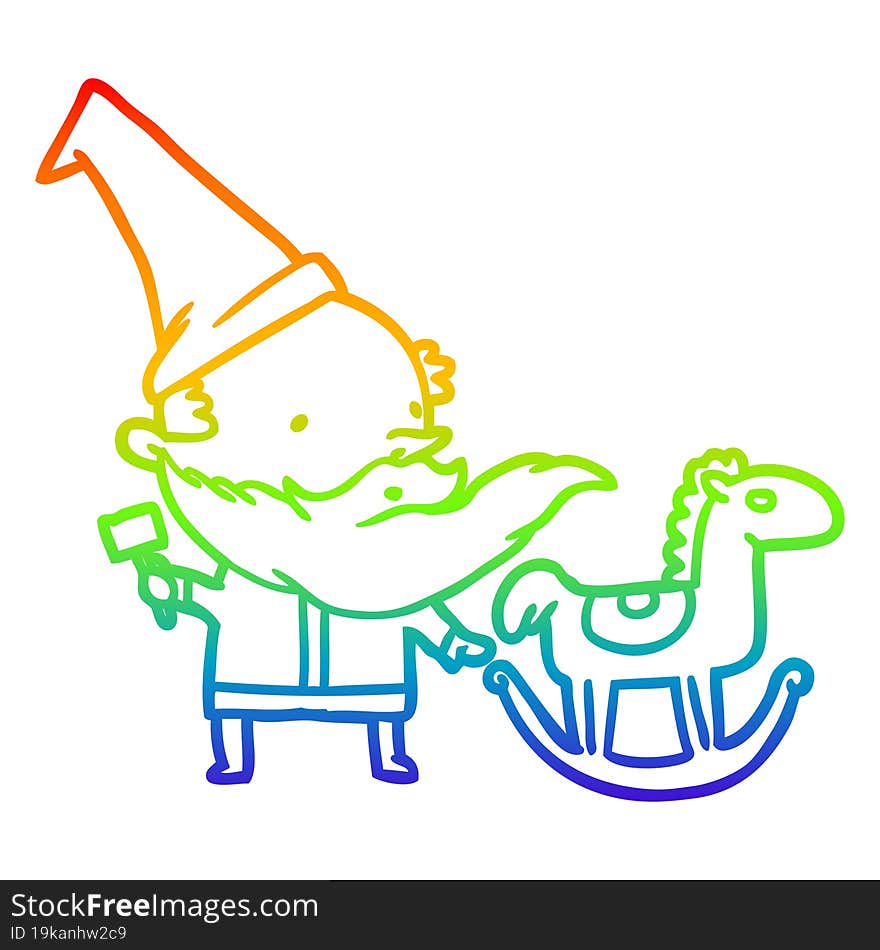 rainbow gradient line drawing of a santa (or elf) making a rocking horse