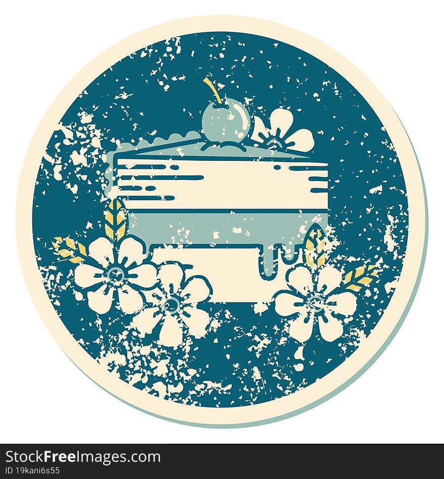 distressed sticker tattoo style icon of a slice of cake and flowers