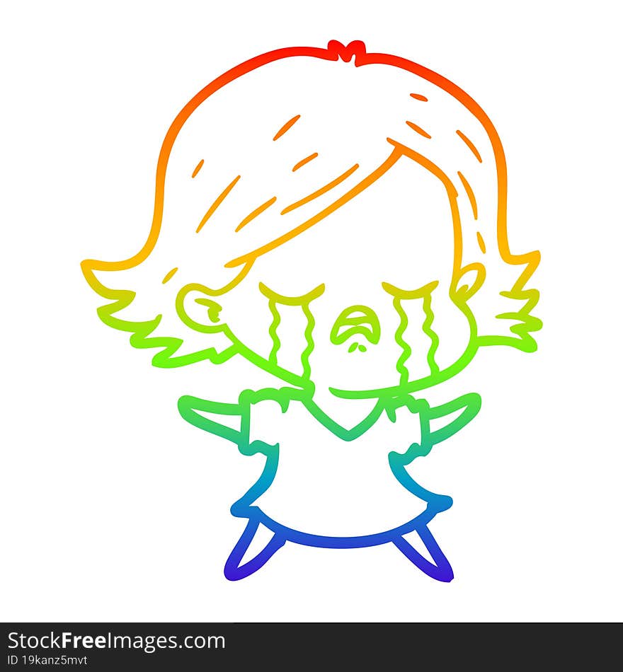 rainbow gradient line drawing of a cartoon girl crying