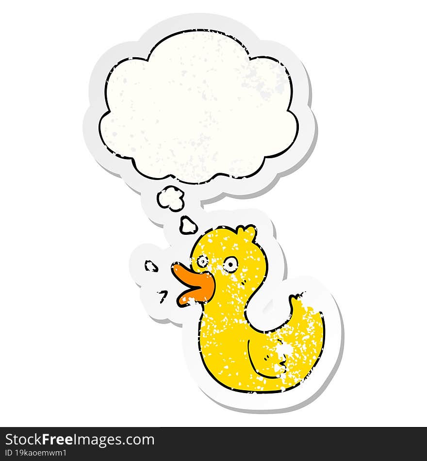 cartoon quacking duck and thought bubble as a distressed worn sticker