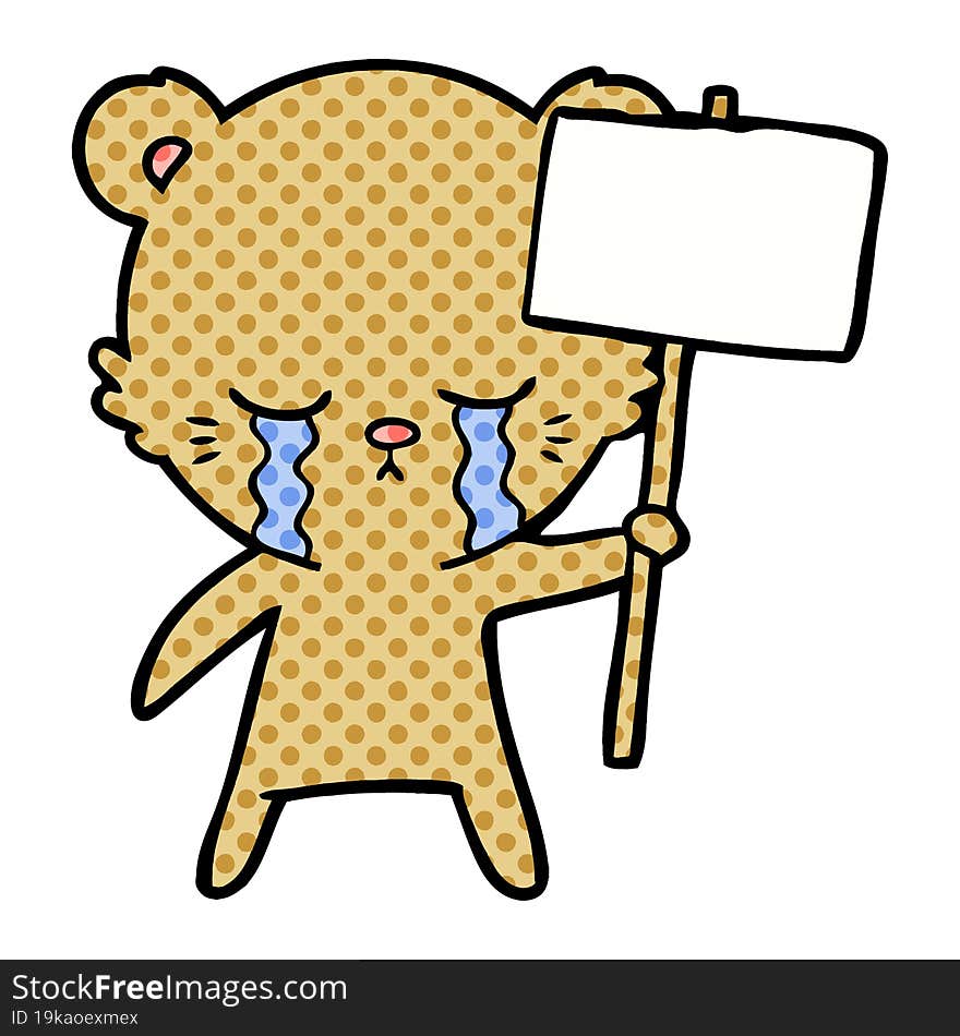 crying cartoon bear with sign post. crying cartoon bear with sign post