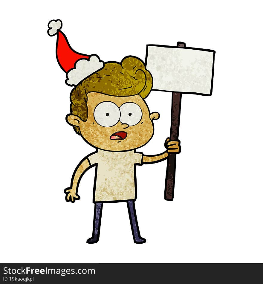 textured cartoon of a staring man wearing santa hat