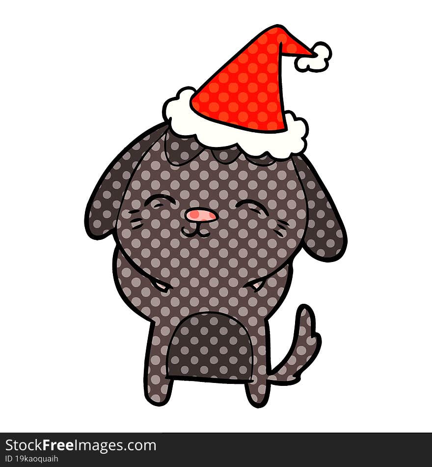 Happy Comic Book Style Illustration Of A Dog Wearing Santa Hat