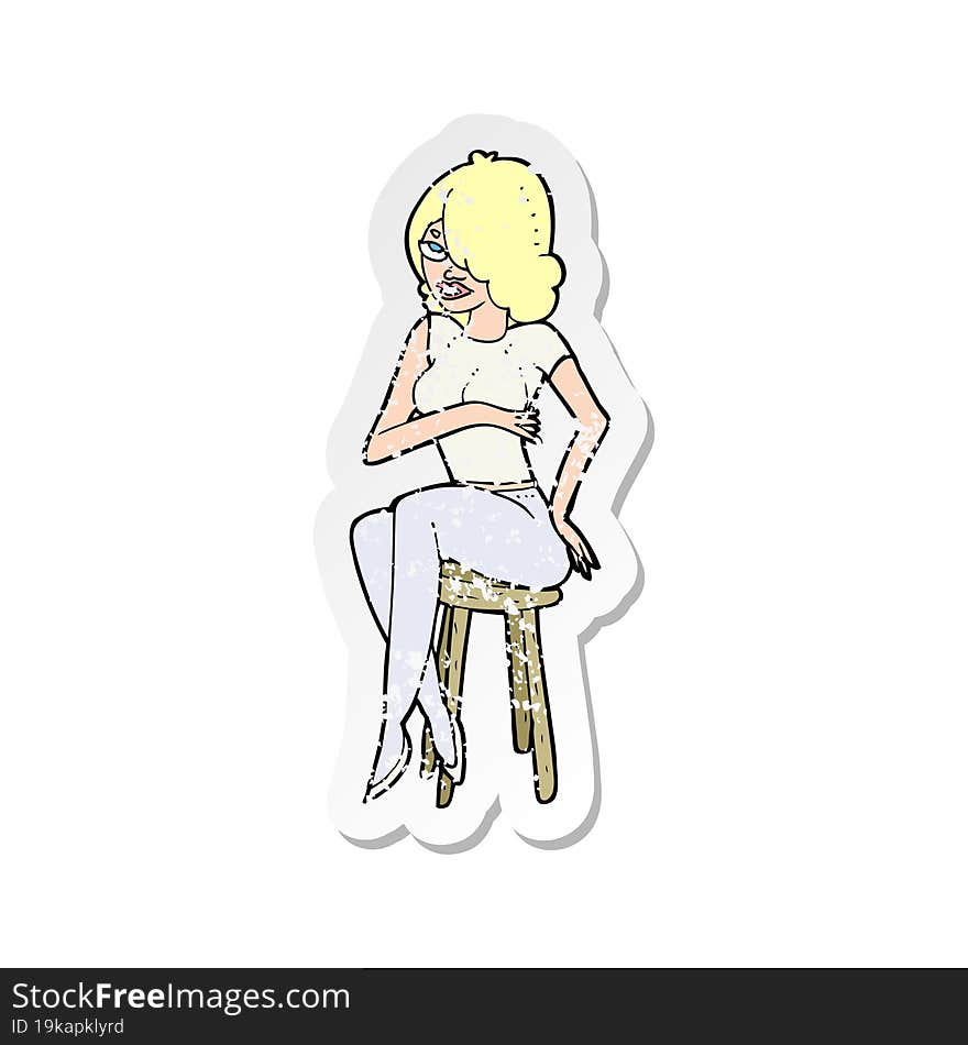 retro distressed sticker of a cartoon woman sitting on bar stool