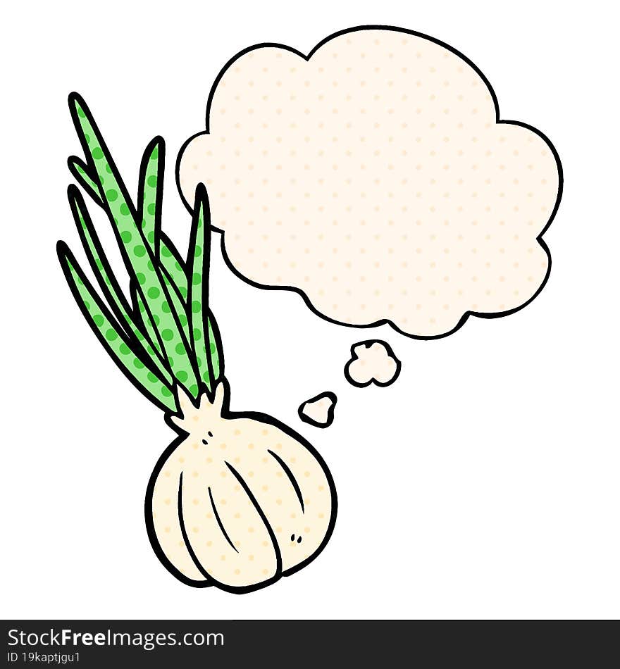 cartoon garlic and thought bubble in comic book style