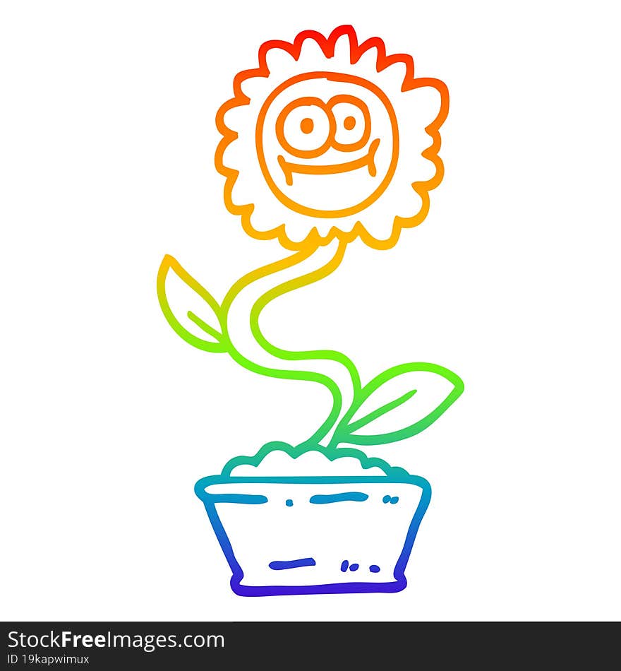 rainbow gradient line drawing of a cartoon flower in pot