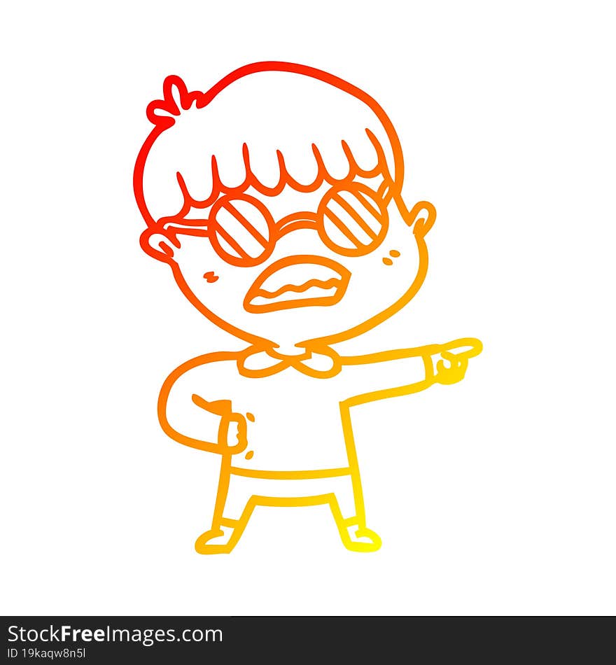 warm gradient line drawing of a cartoon pointing boy wearing spectacles