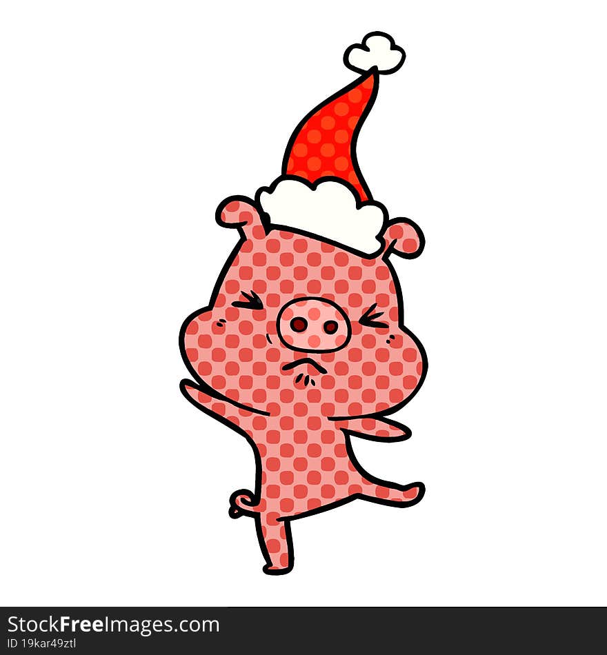 comic book style illustration of a furious pig wearing santa hat