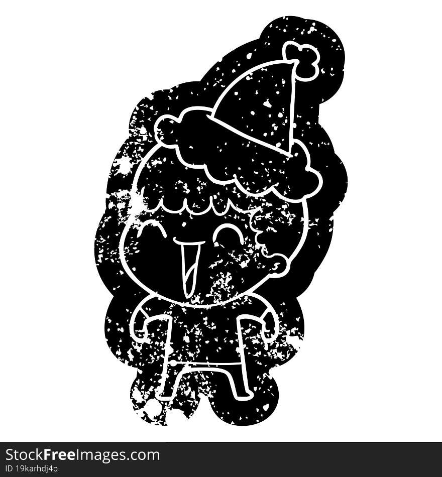 Cartoon Distressed Icon Of A Happy Man Wearing Santa Hat