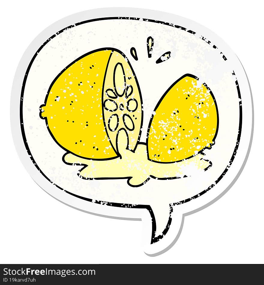 cartoon cut lemon and speech bubble distressed sticker