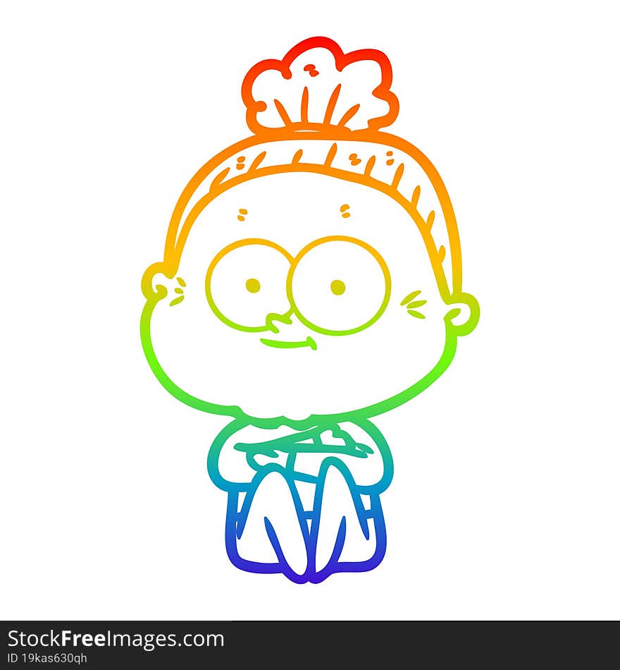 rainbow gradient line drawing of a cartoon happy old woman