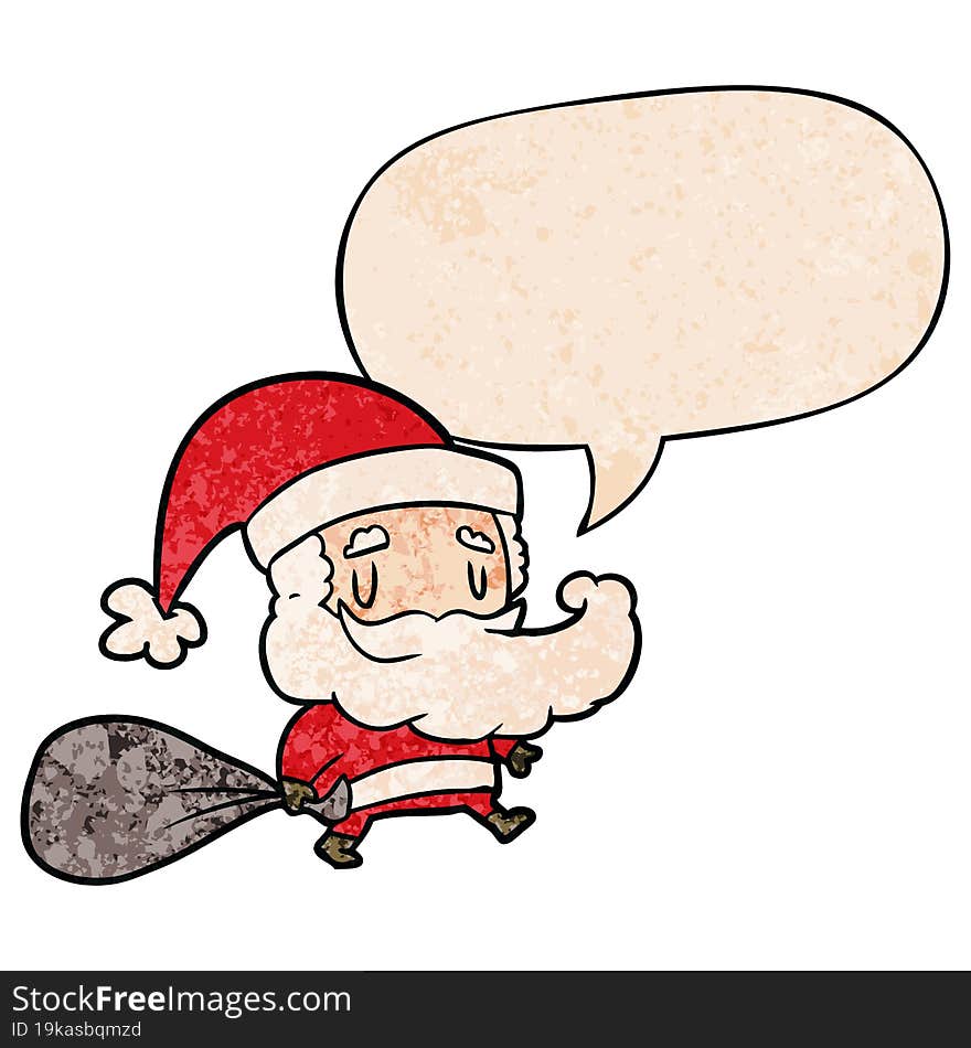 cartoon santa claus carrying sack of presents and speech bubble in retro texture style