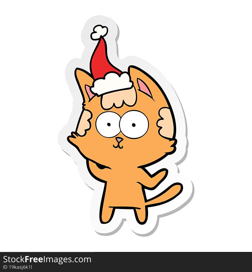 Happy Sticker Cartoon Of A Cat Wearing Santa Hat