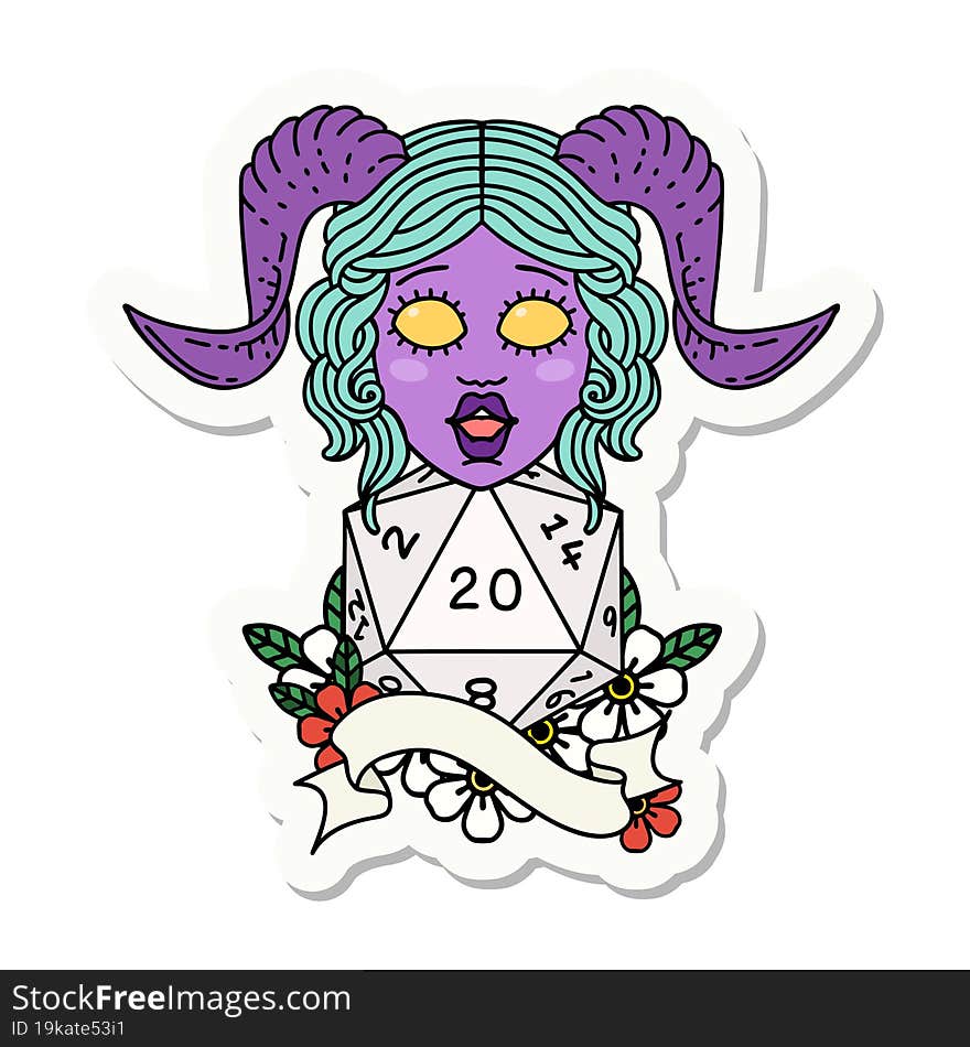 sticker of a tiefling with natural twenty dice roll. sticker of a tiefling with natural twenty dice roll