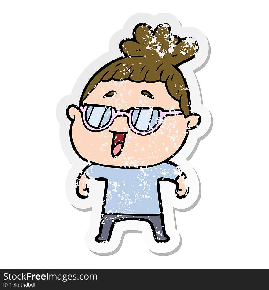 distressed sticker of a cartoon happy woman wearing spectacles