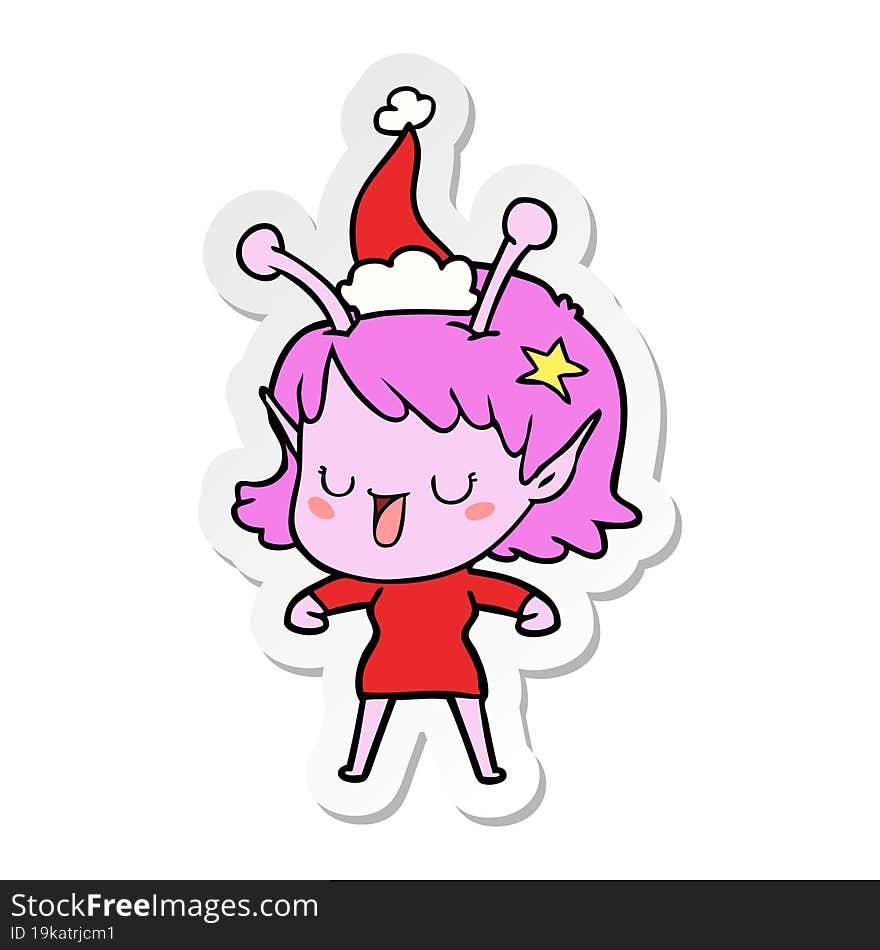 happy alien girl sticker cartoon of a wearing santa hat