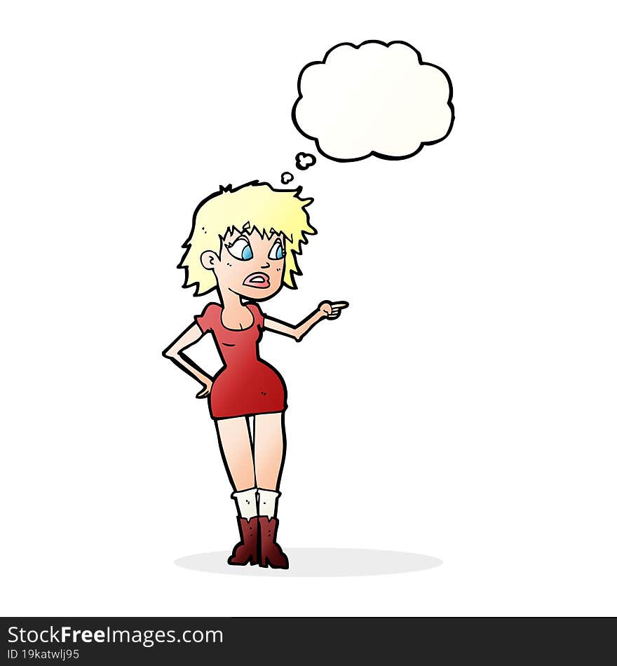 cartoon worried woman in dress pointing with thought bubble