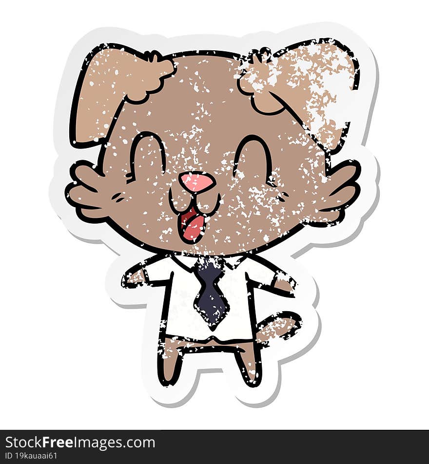 distressed sticker of a laughing cartoon dog manager