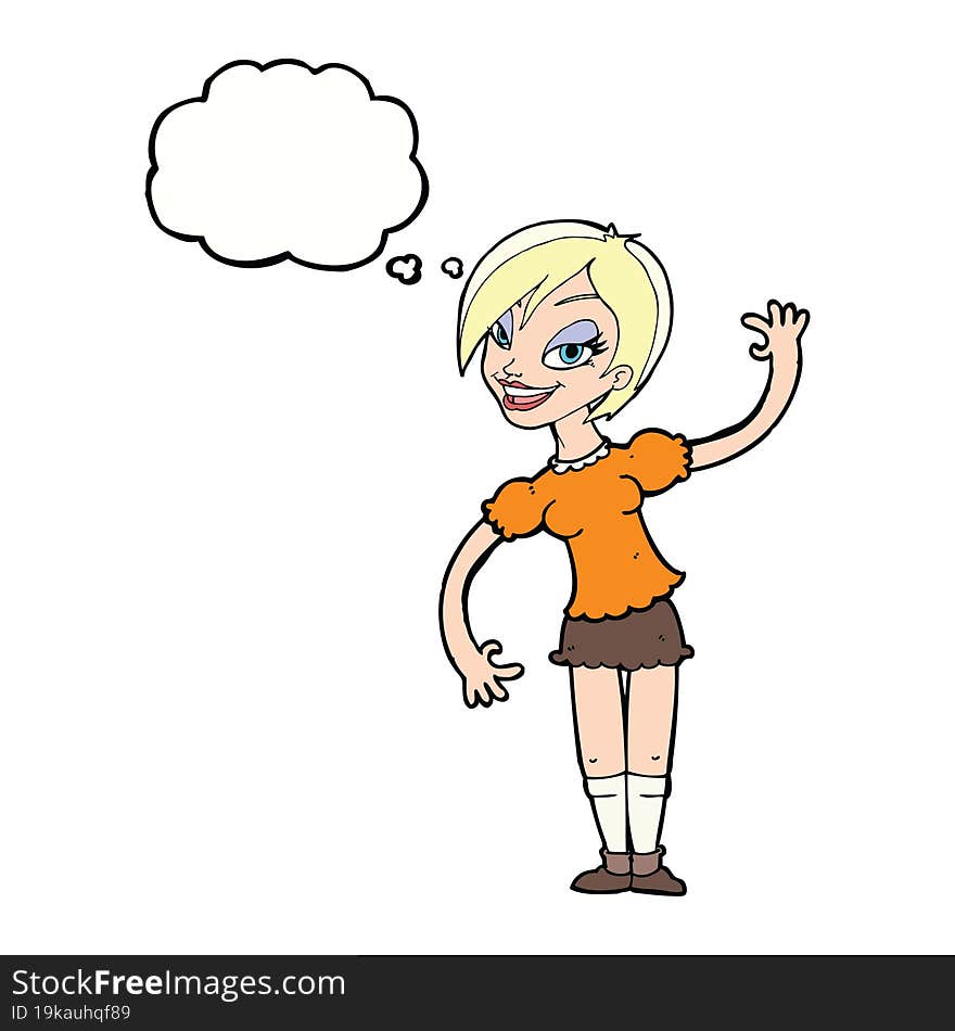 cartoon girl waving with thought bubble