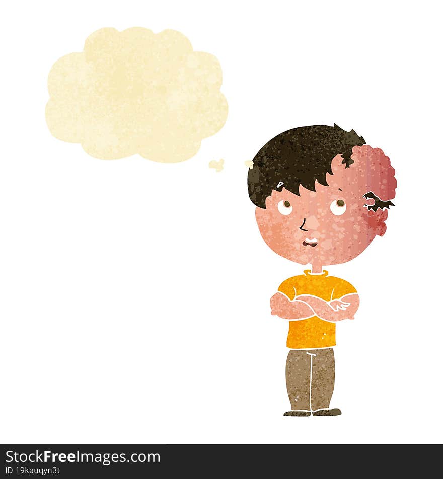 cartoon boy with growth on head with thought bubble