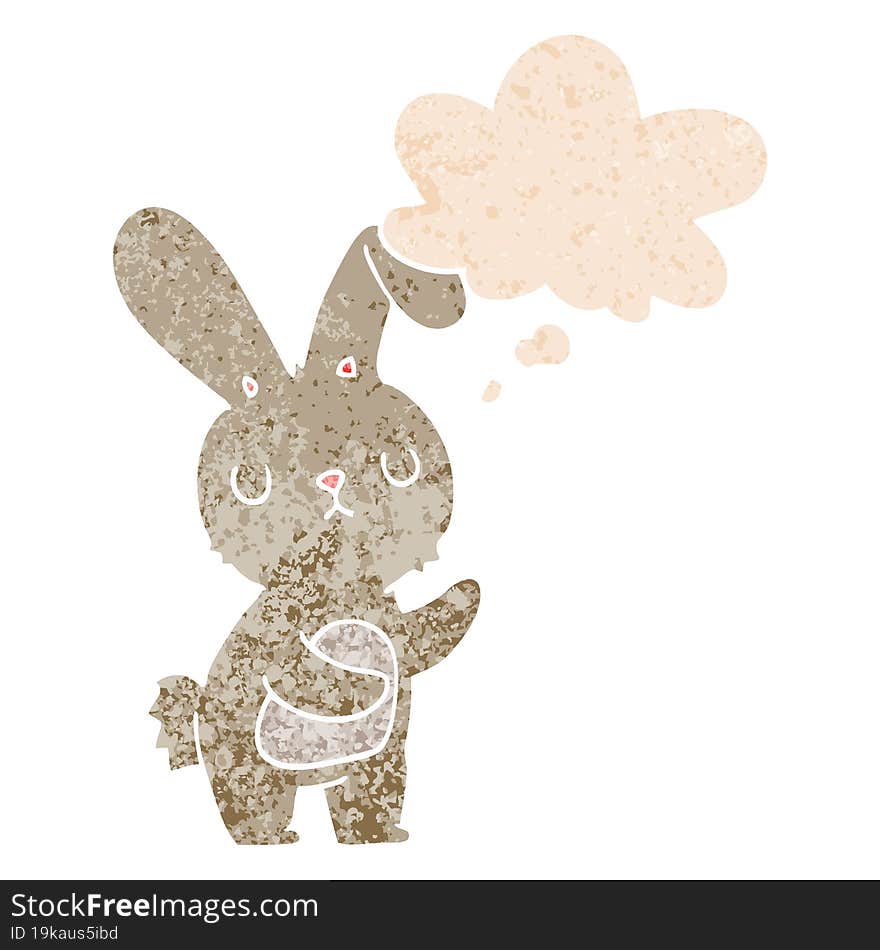 cute cartoon rabbit with thought bubble in grunge distressed retro textured style. cute cartoon rabbit with thought bubble in grunge distressed retro textured style