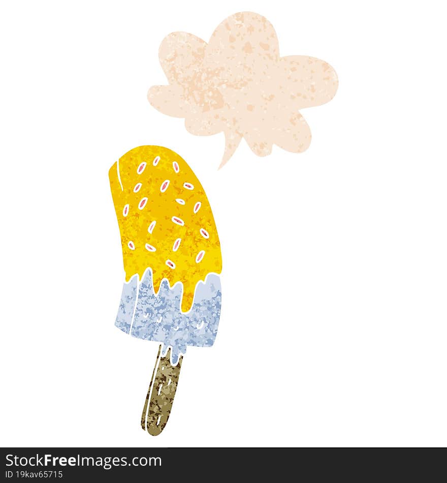 Cartoon Ice Cream Lolly And Speech Bubble In Retro Textured Style