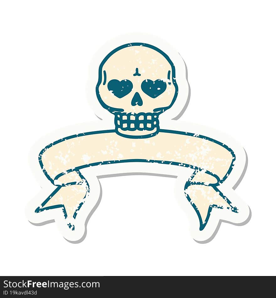 grunge sticker with banner of a skull