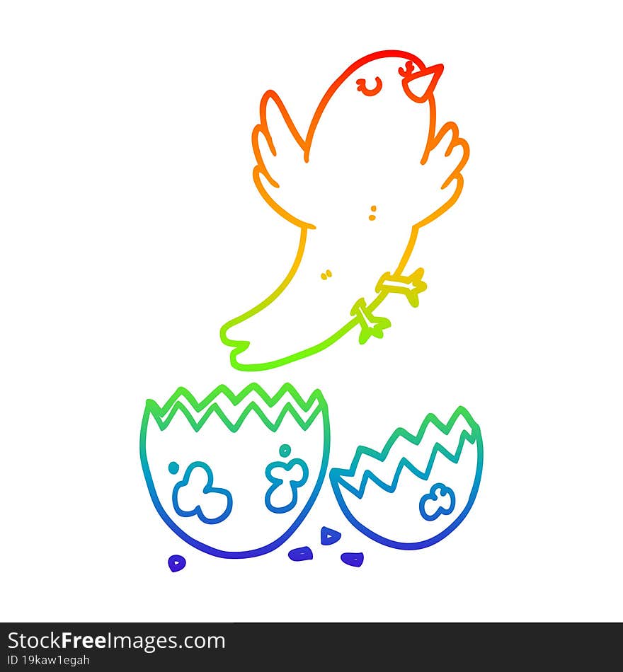 rainbow gradient line drawing of a cartoon bird hatching from egg