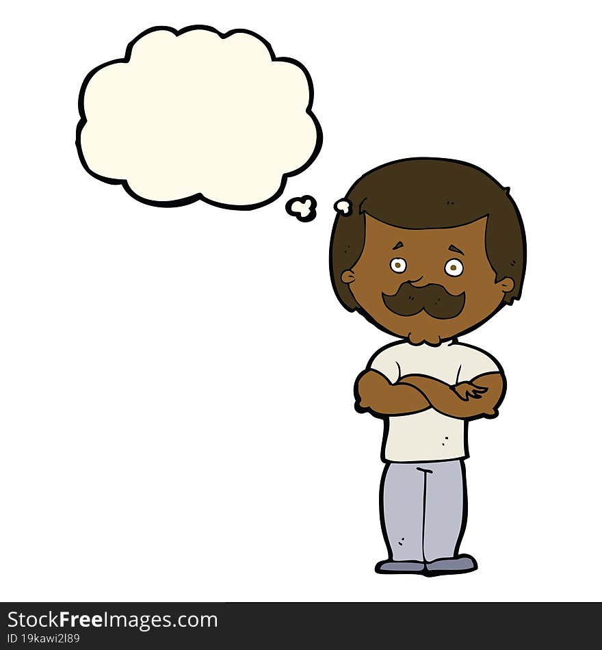 cartoon manly mustache man with thought bubble