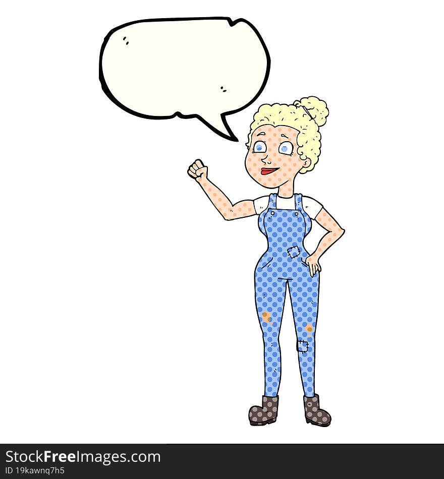 comic book speech bubble cartoon woman in dungarees