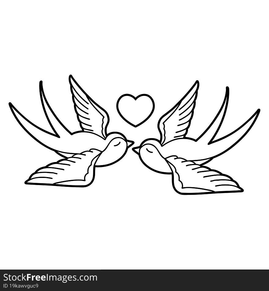 black line tattoo of a swallows and a heart