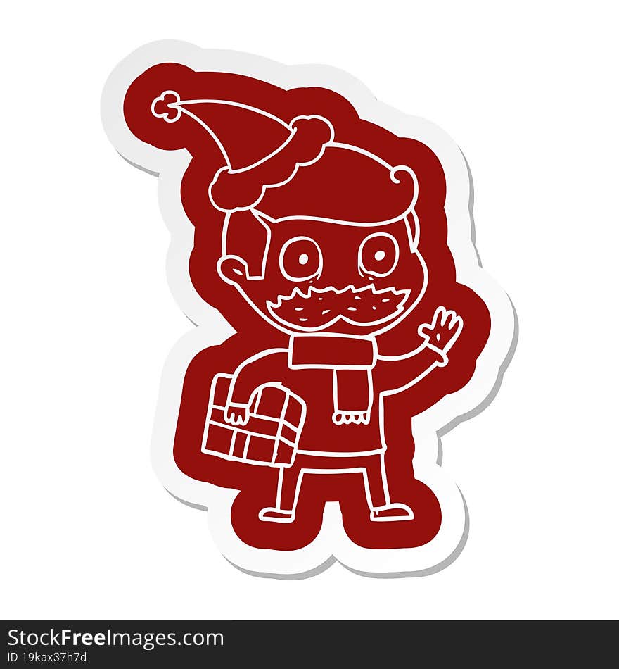 quirky cartoon  sticker of a man with mustache and christmas present wearing santa hat